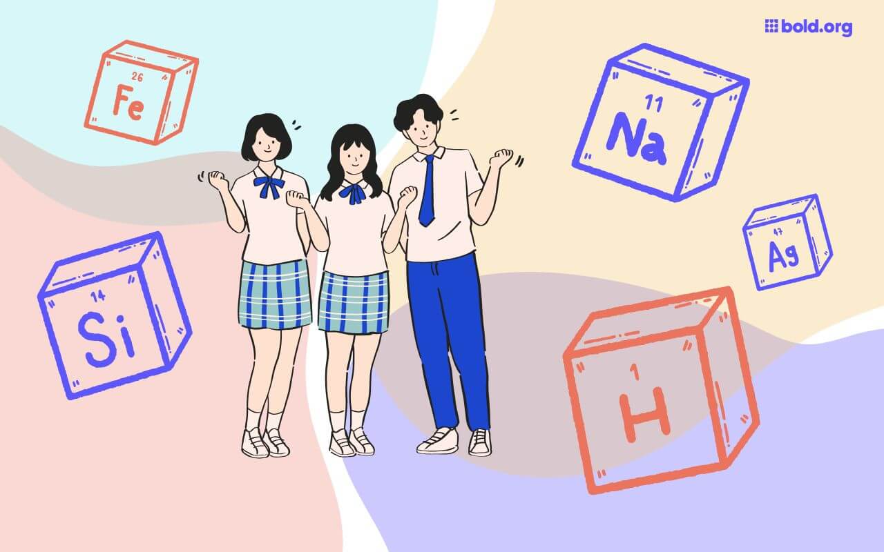 illustration of medical students with periodic table