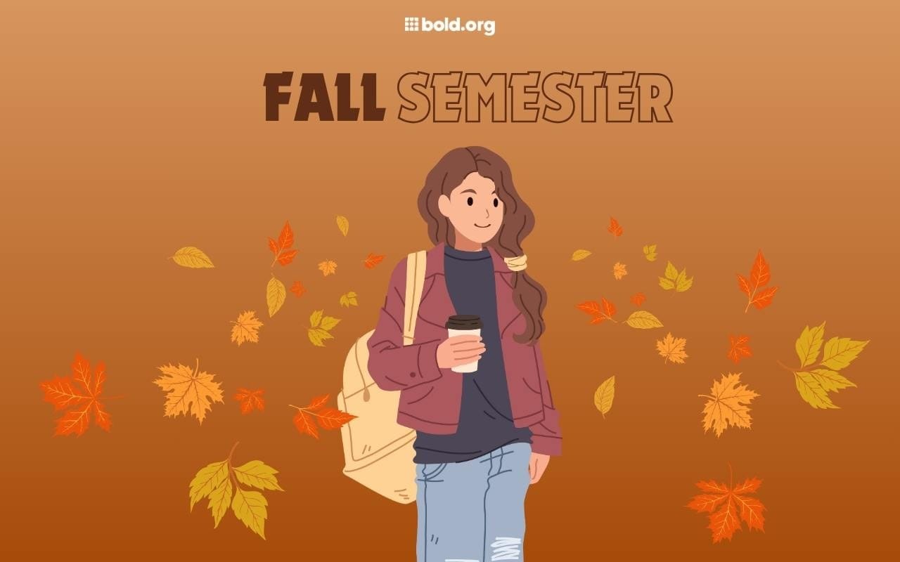 fall semester graphic of female student and fall leaves