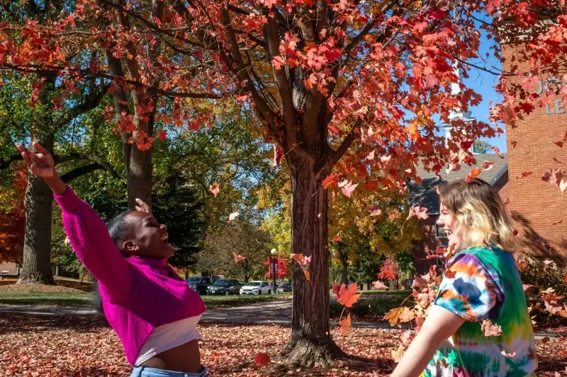 students frolic in fall foliage on architecture college campus