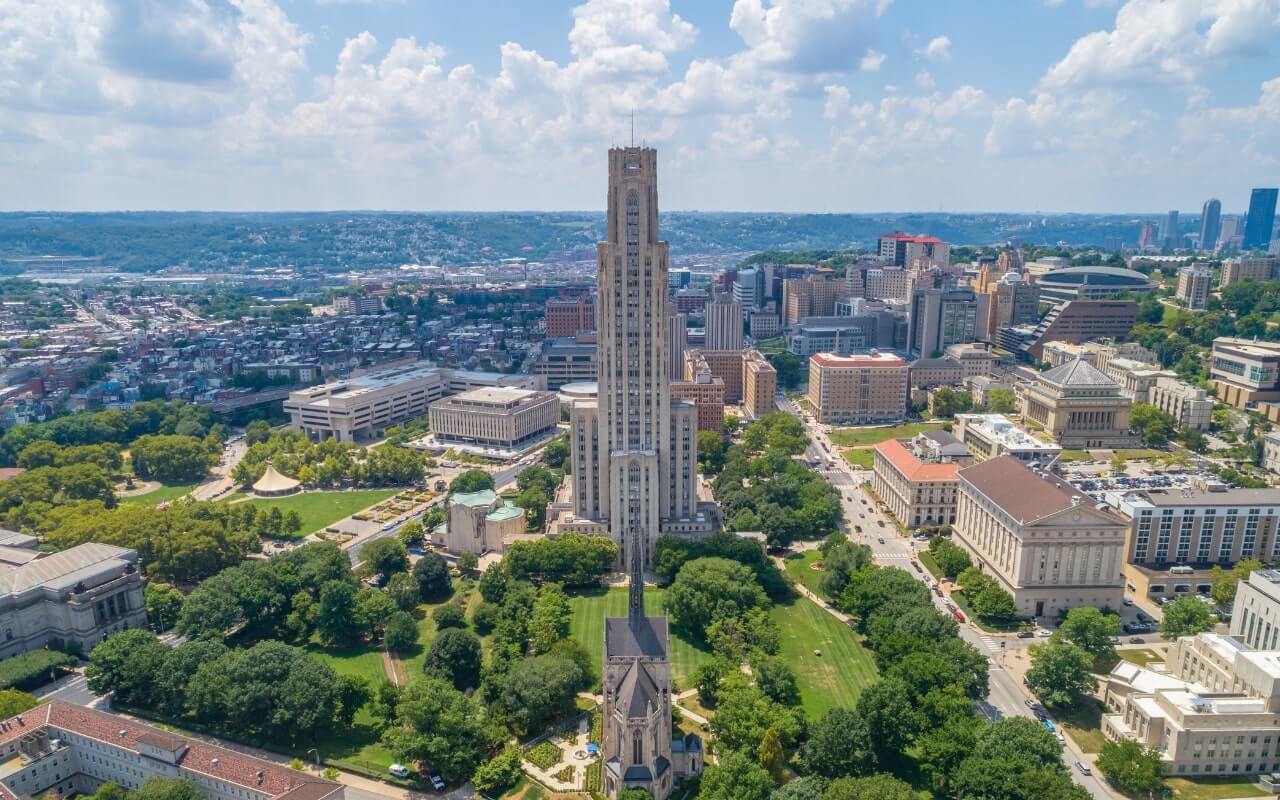 tall law building on campus green